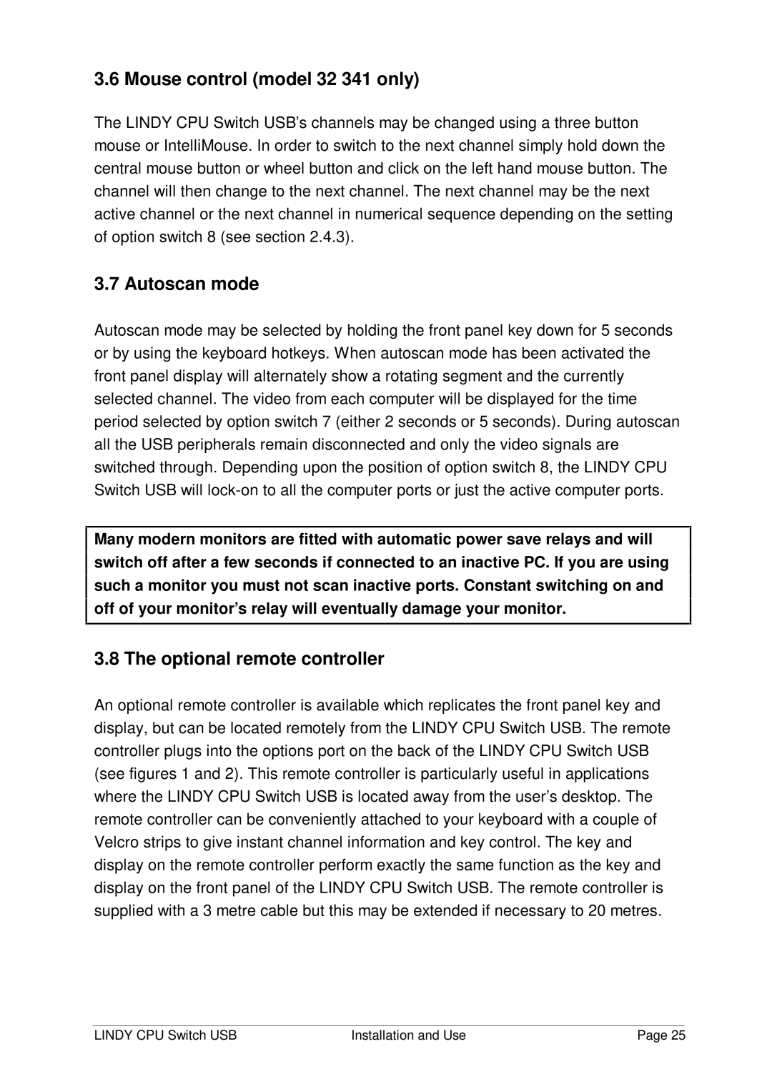 Lindy 32 342 manual Mouse control model 32 341 only, Autoscan mode, Optional remote controller 