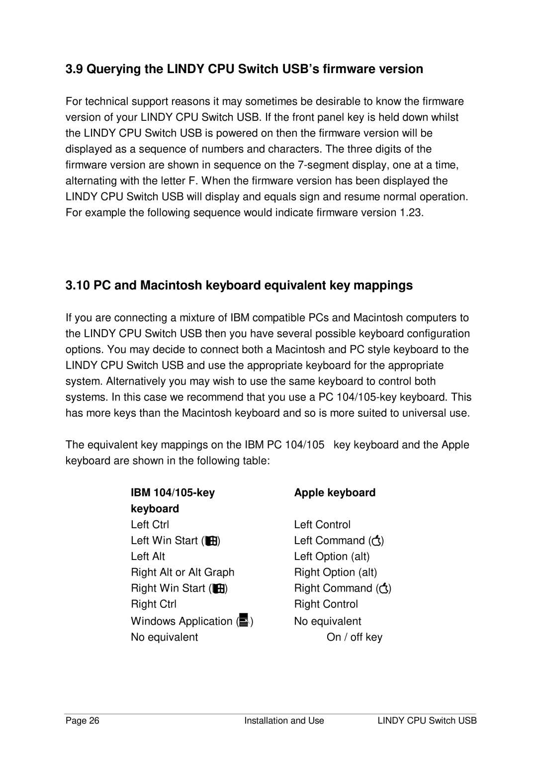 Lindy 32 342 manual Querying the Lindy CPU Switch USB’s firmware version, PC and Macintosh keyboard equivalent key mappings 