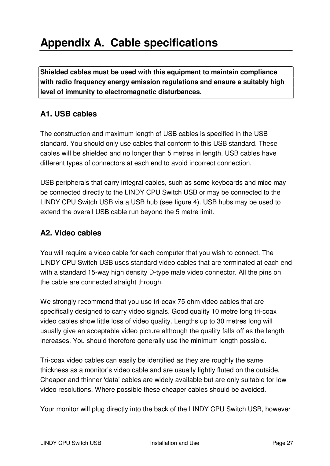 Lindy 32 341, 32 342 manual Appendix A. Cable specifications, A1. USB cables, A2. Video cables 