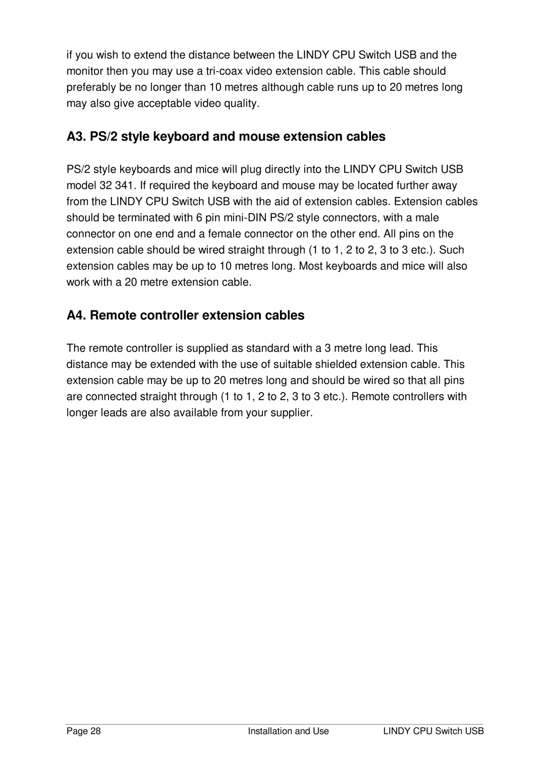 Lindy 32 342, 32 341 manual A3. PS/2 style keyboard and mouse extension cables, A4. Remote controller extension cables 