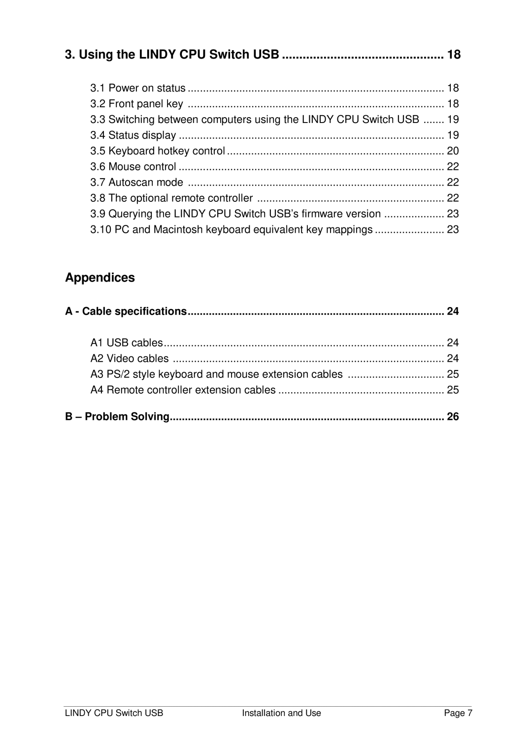 Lindy 32 341, 32 342 manual Cable specifications, Problem Solving 