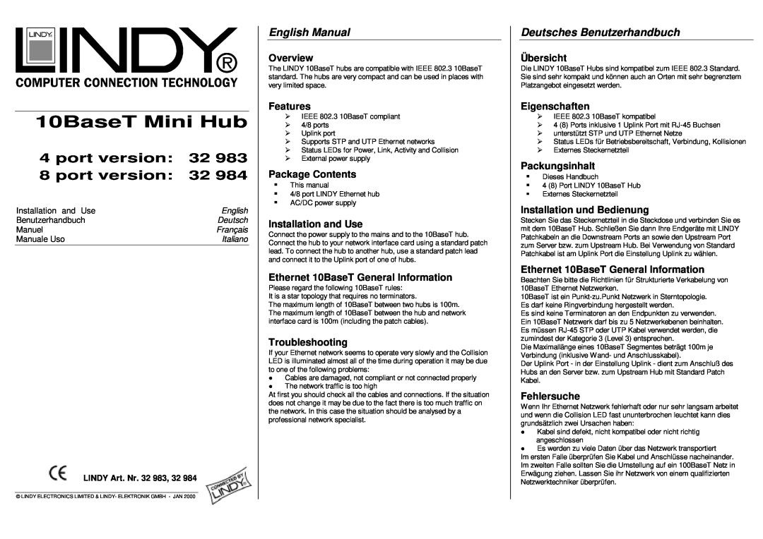 Lindy 32 983, 32 984 manual English Manual, Deutsches Benutzerhandbuch, 10BaseT Mini Hub, port version 