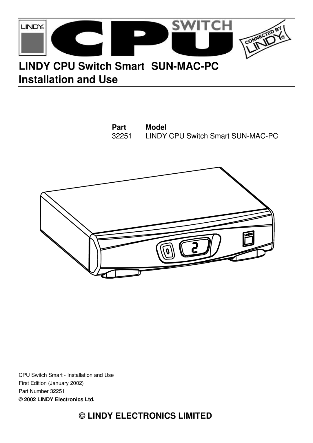 Lindy 32251 manual Lindy CPU Switch Smart SUN-MAC-PC Installation and Use, Part Model 