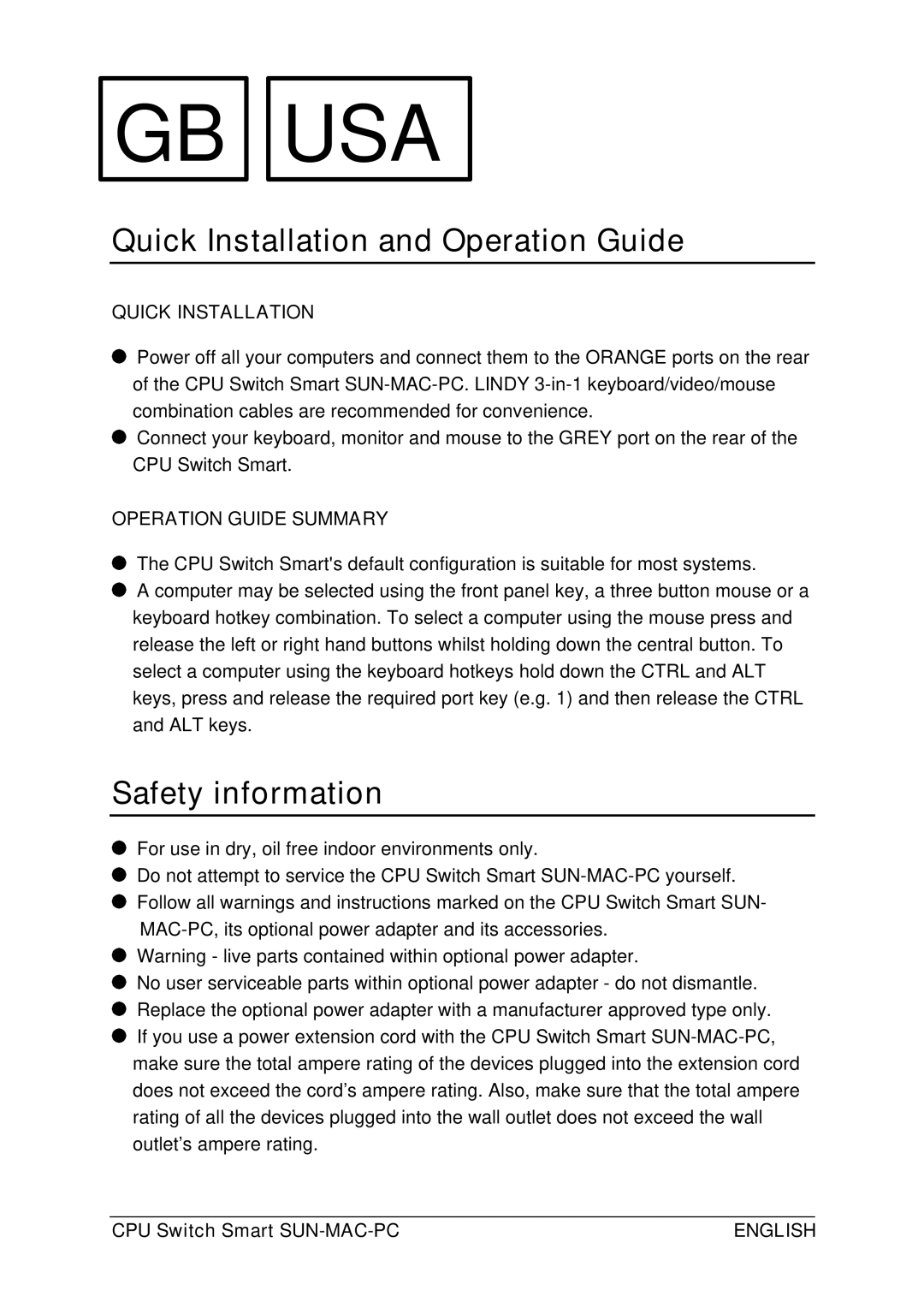 Lindy 32251 manual Quick Installation and Operation Guide, Safety information, Operation Guide Summary 