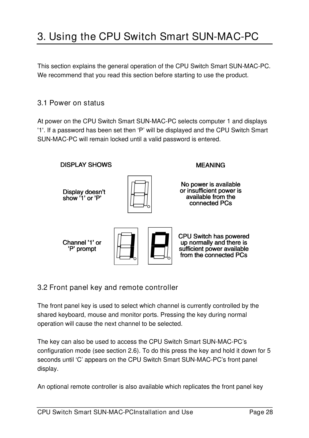 Lindy 32251 manual Using the CPU Switch Smart SUN-MAC-PC, Power on status, Front panel key and remote controller 