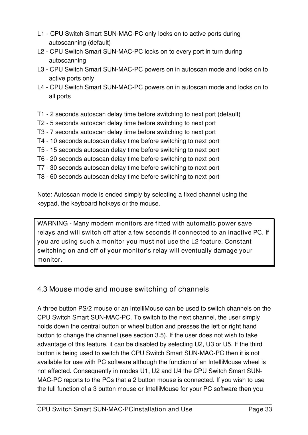 Lindy 32251 manual Mouse mode and mouse switching of channels 