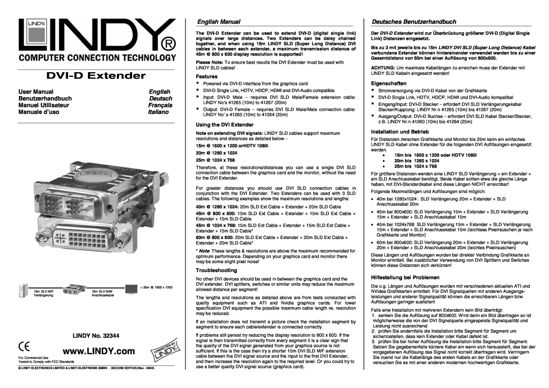 Lindy 32344 user manual User Manual, English, Benutzerhandbuch, Deutsch, Manuel Utilisateur, Français, Manuale d’uso 