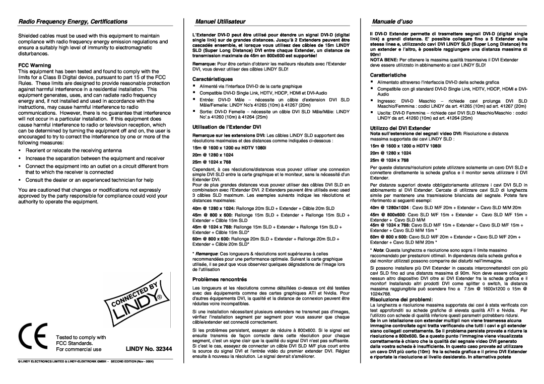 Lindy 32344 Radio Frequency Energy, Certifications, Manuel Utilisateur, Manuale d’uso, FCC Warning, Caractéristiques 