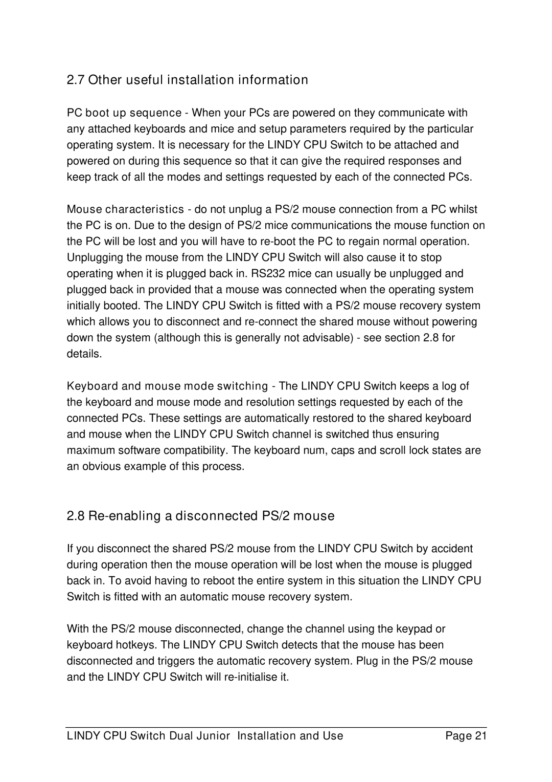 Lindy 32352, 32351 manual Other useful installation information, Re-enabling a disconnected PS/2 mouse 