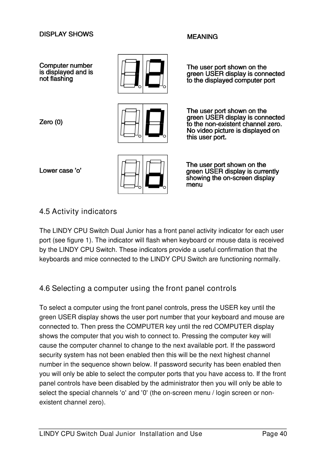 Lindy 32351, 32352 manual Activity indicators, Selecting a computer using the front panel controls 