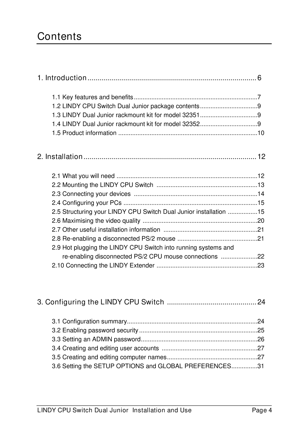 Lindy 32351, 32352 manual Contents 