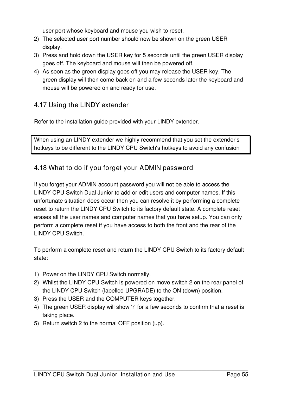 Lindy 32352, 32351 manual Using the Lindy extender, What to do if you forget your Admin password 