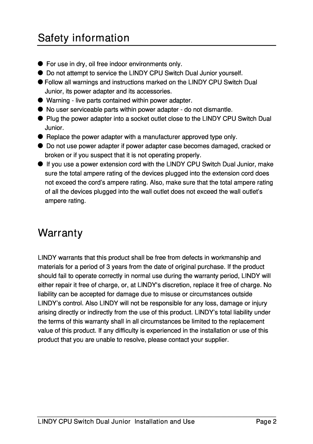 Lindy 32351, 32352 manual Safety information, Warranty, LINDY CPU Switch Dual Junior Installation and Use, Page 