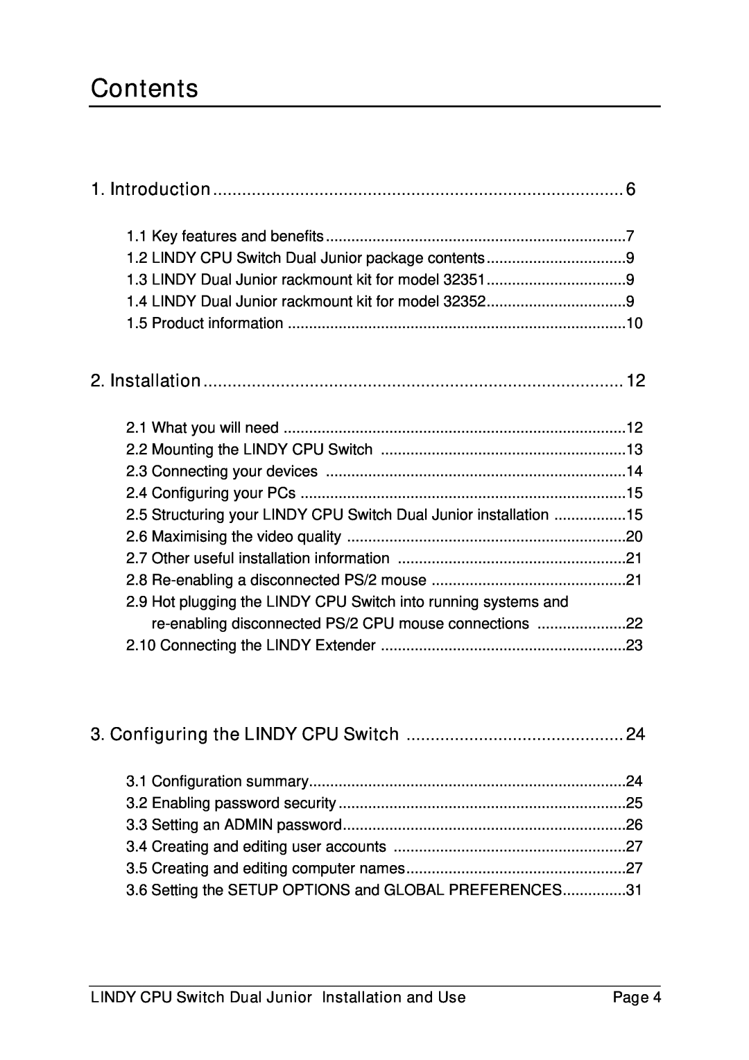 Lindy 32351, 32352 manual Contents, Introduction, Installation, Configuring the LINDY CPU Switch, Page 