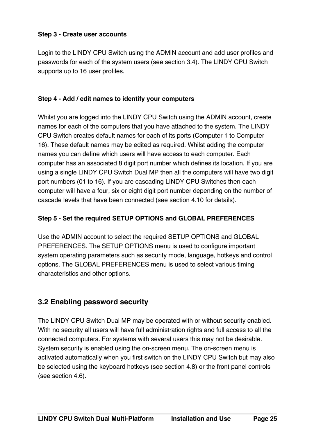 Lindy 32354, 32353 manual Page25, Supportsupto16userprofiles, Using, Enablingpasswordsecurity 