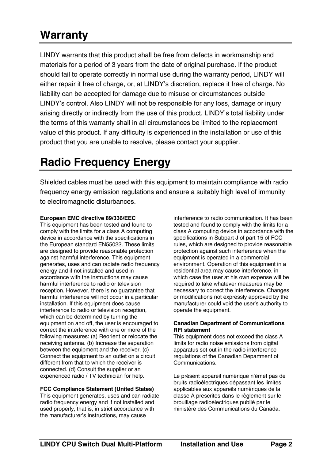 Lindy 32353 manual SidetialcificationsareaOperationmycaueinterferenc,in, RegulationsoftheCanadiemissionsaDepartmdigitalenof 