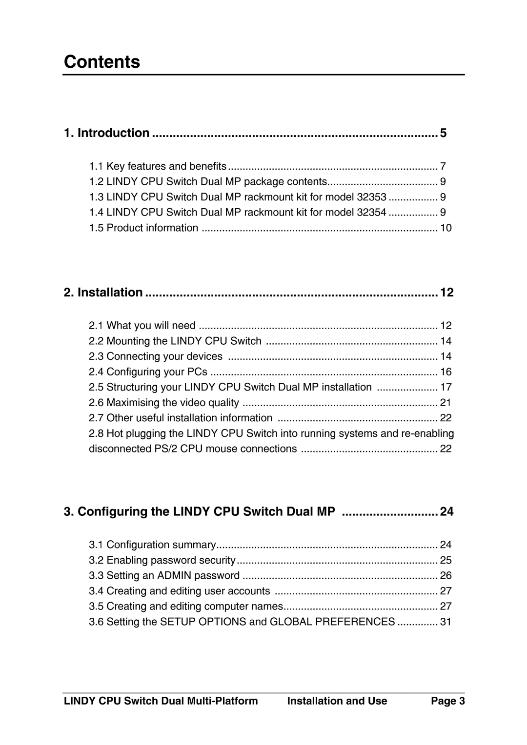 Lindy 32354, 32353 manual Packageconents, 4Configuring, RPCs, 6Maximisingthevideoquality 