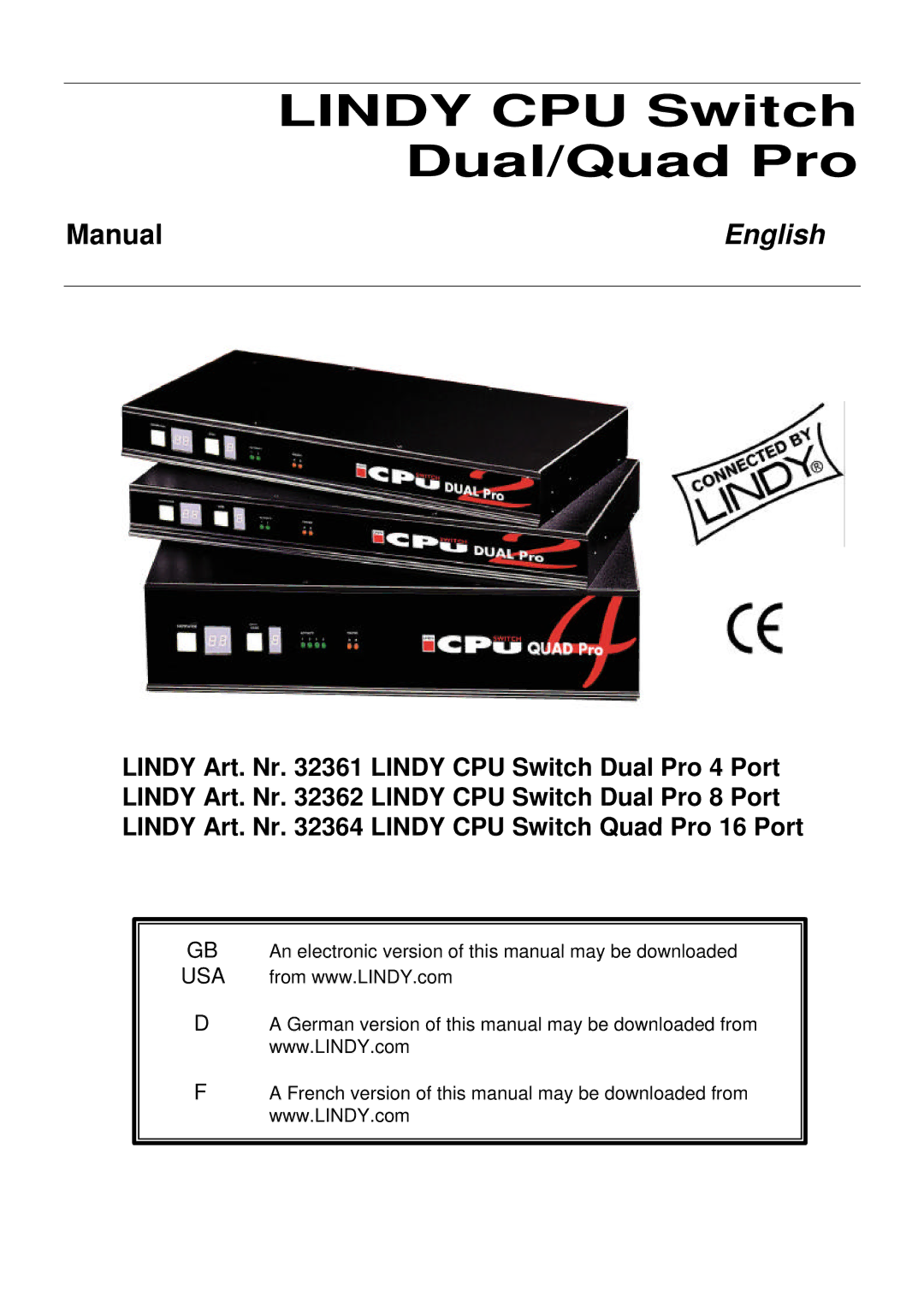 Lindy 32364, 32362, 32361 manual Lindy CPU Switch Dual/Quad Pro 