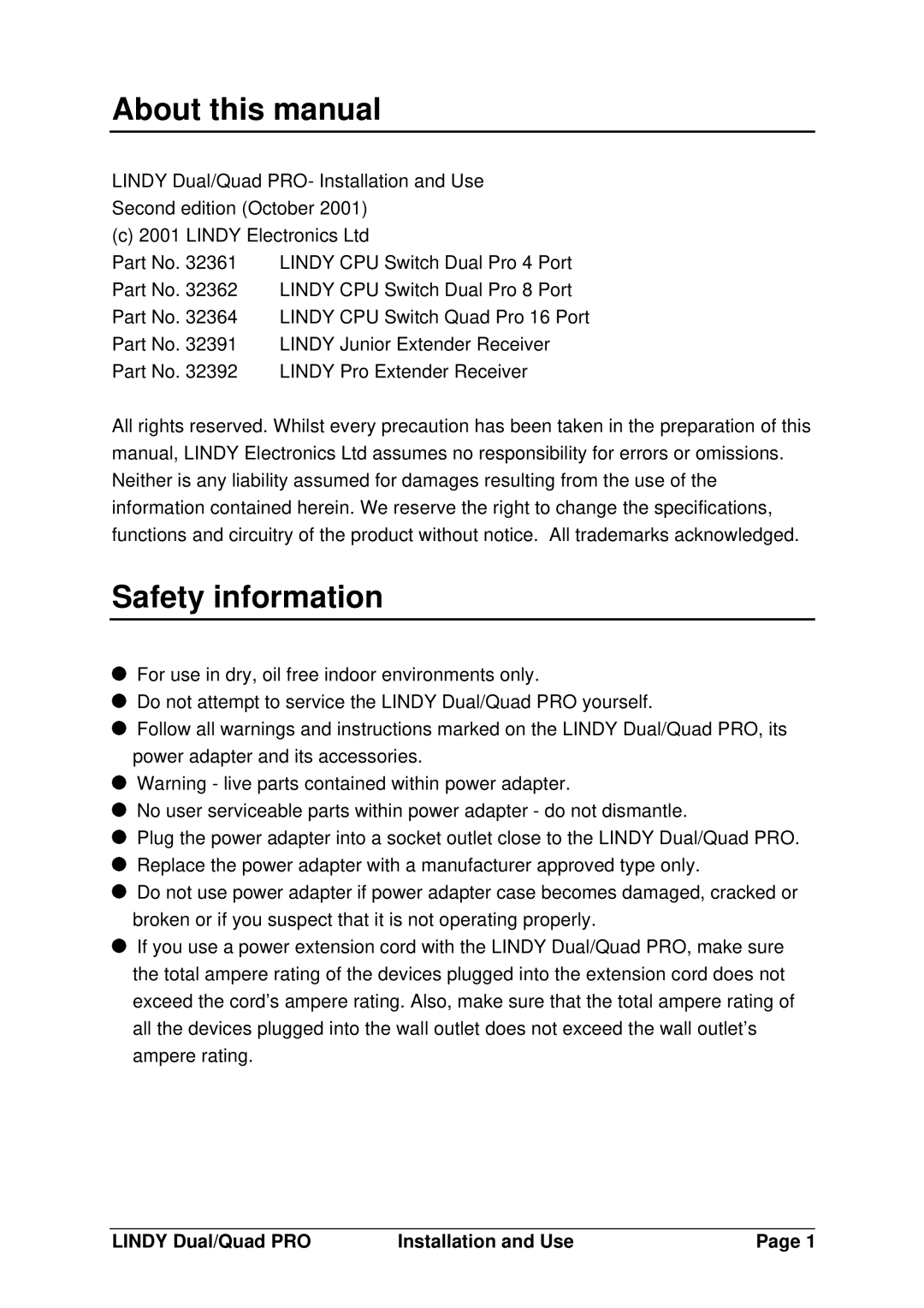 Lindy 32361, 32362, 32364 About this manual, Safety information, Lindy Dual/Quad PRO Installation and Use 