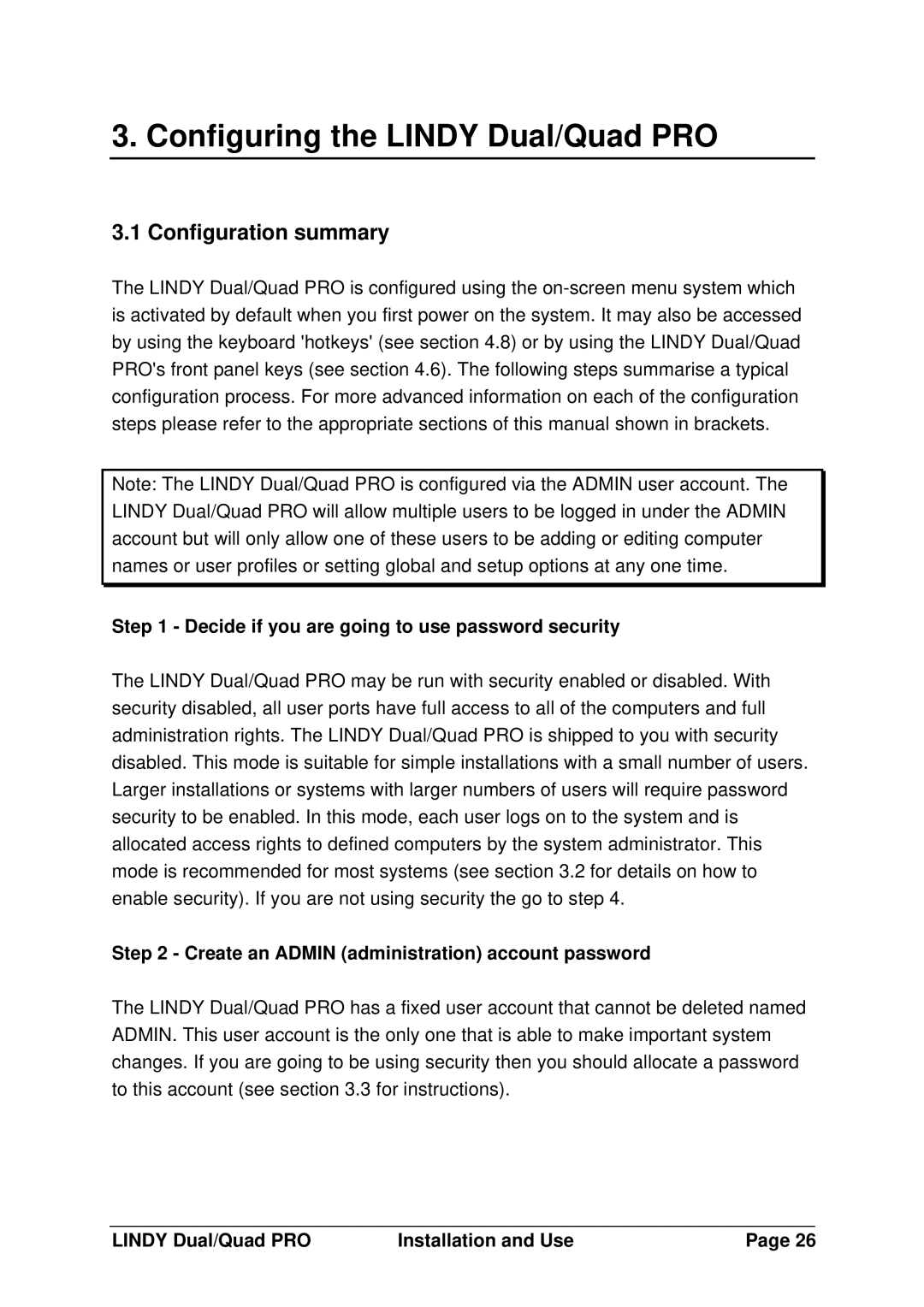 Lindy 32362 Configuring the Lindy Dual/Quad PRO, Configuration summary, Decide if you are going to use password security 