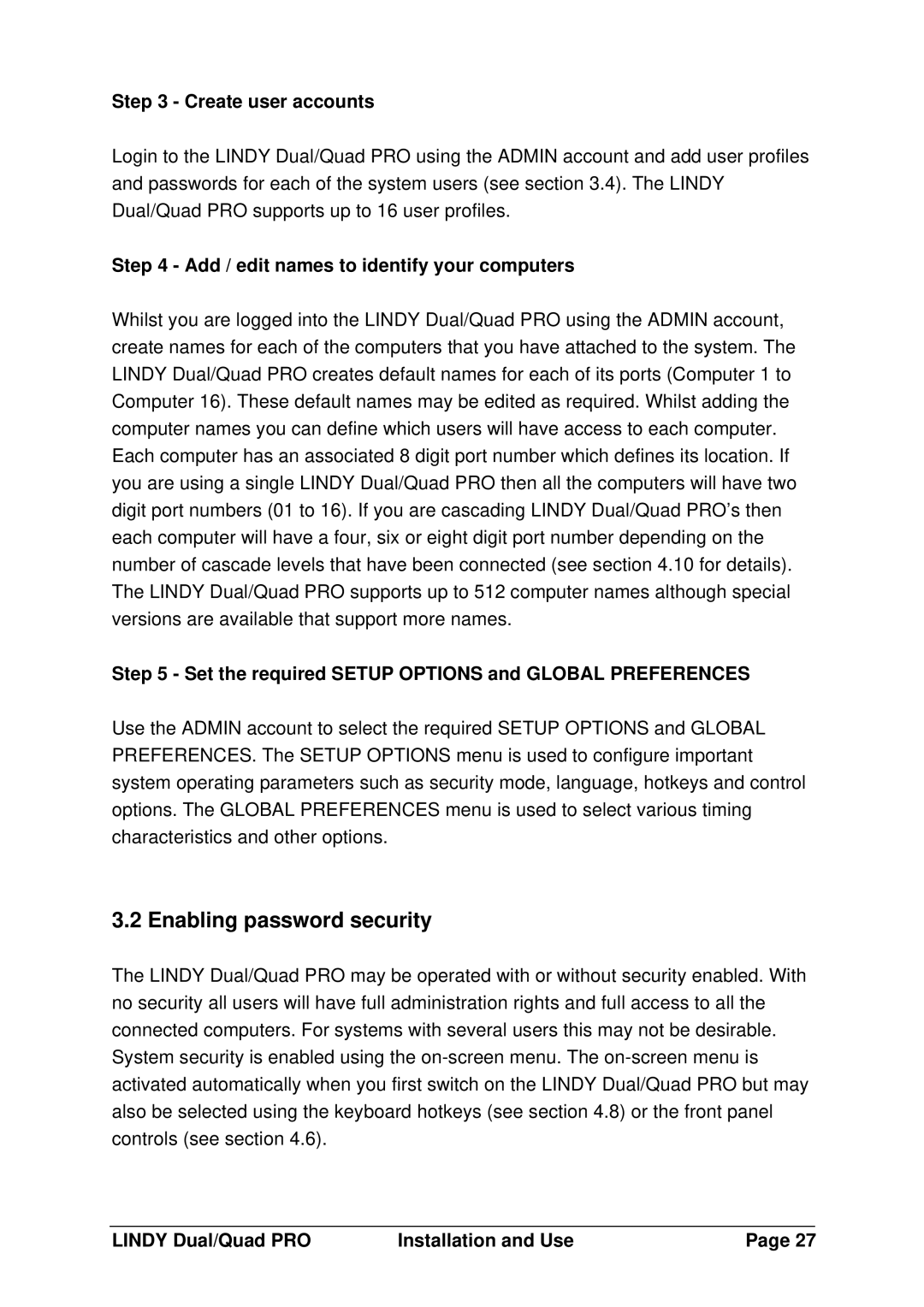 Lindy 32364, 32362, 32361 Enabling password security, Create user accounts, Add / edit names to identify your computers 