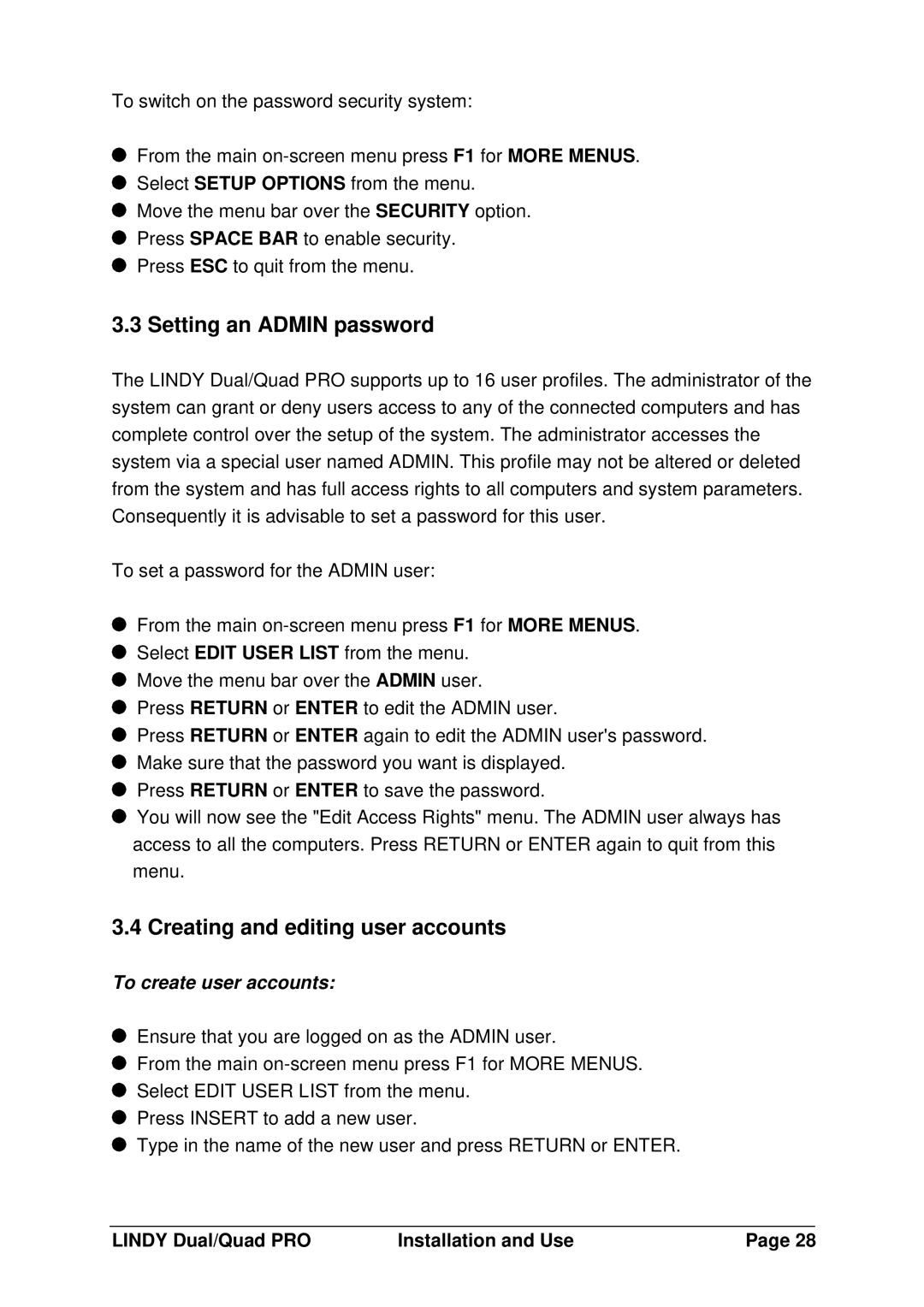 Lindy 32361, 32362, 32364 manual Setting an Admin password, Creating and editing user accounts, To create user accounts 