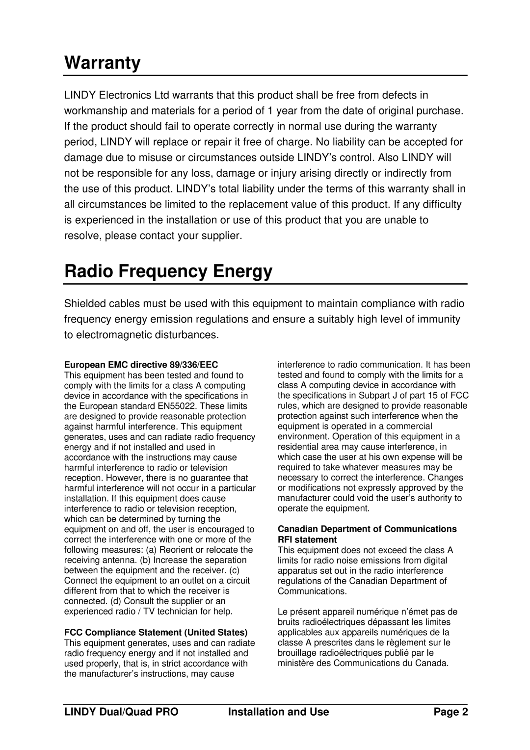 Lindy 32362, 32364, 32361 manual Warranty Radio Frequency Energy, European EMC directive 89/336/EEC 