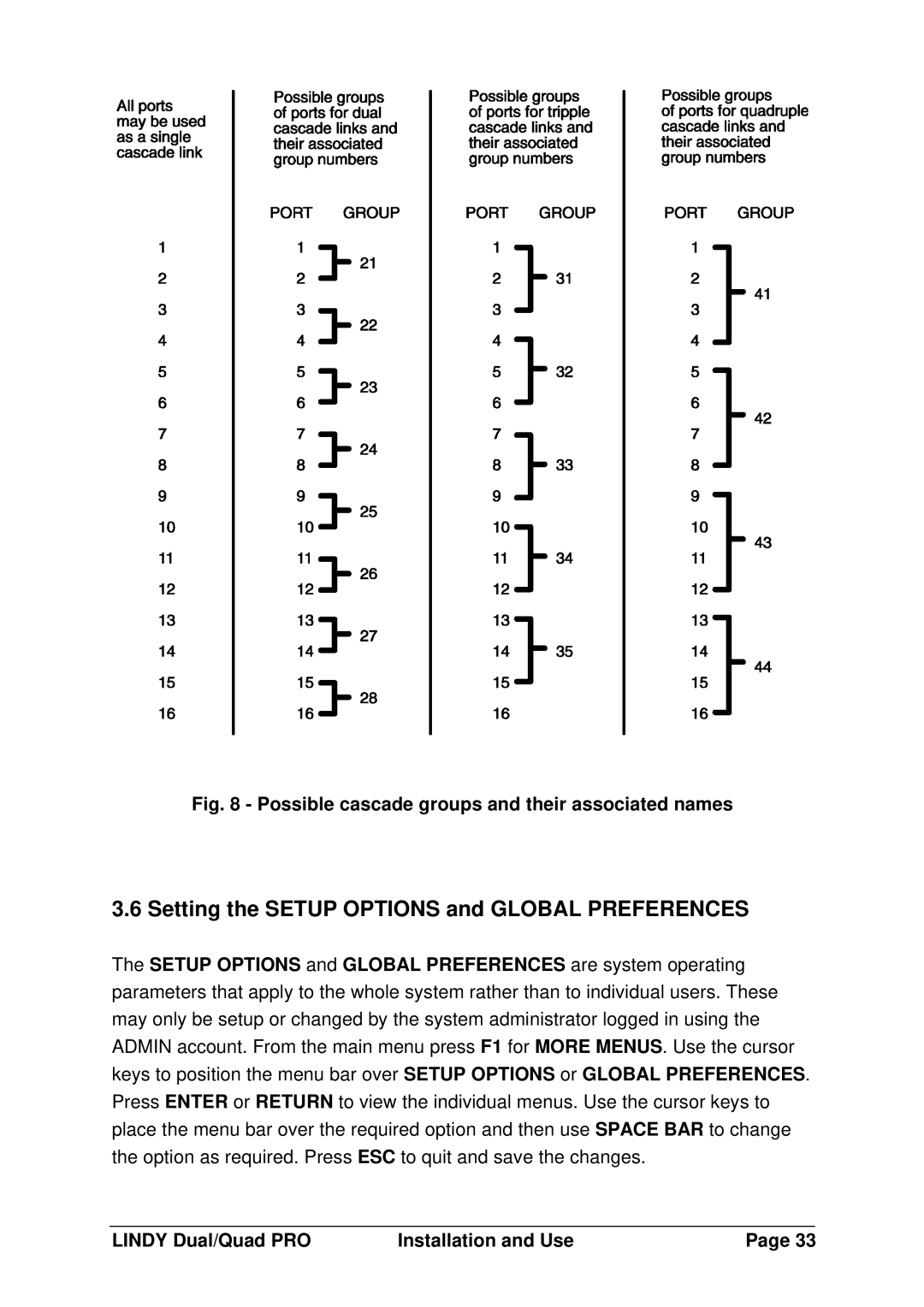 Lindy 32364, 32362 Setting the Setup Options and Global Preferences, Possible cascade groups and their associated names 