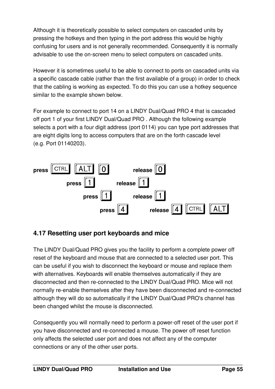 Lindy 32361, 32362, 32364 manual Resetting user port keyboards and mice, Press ba0 Release Press 4 release 4ba 