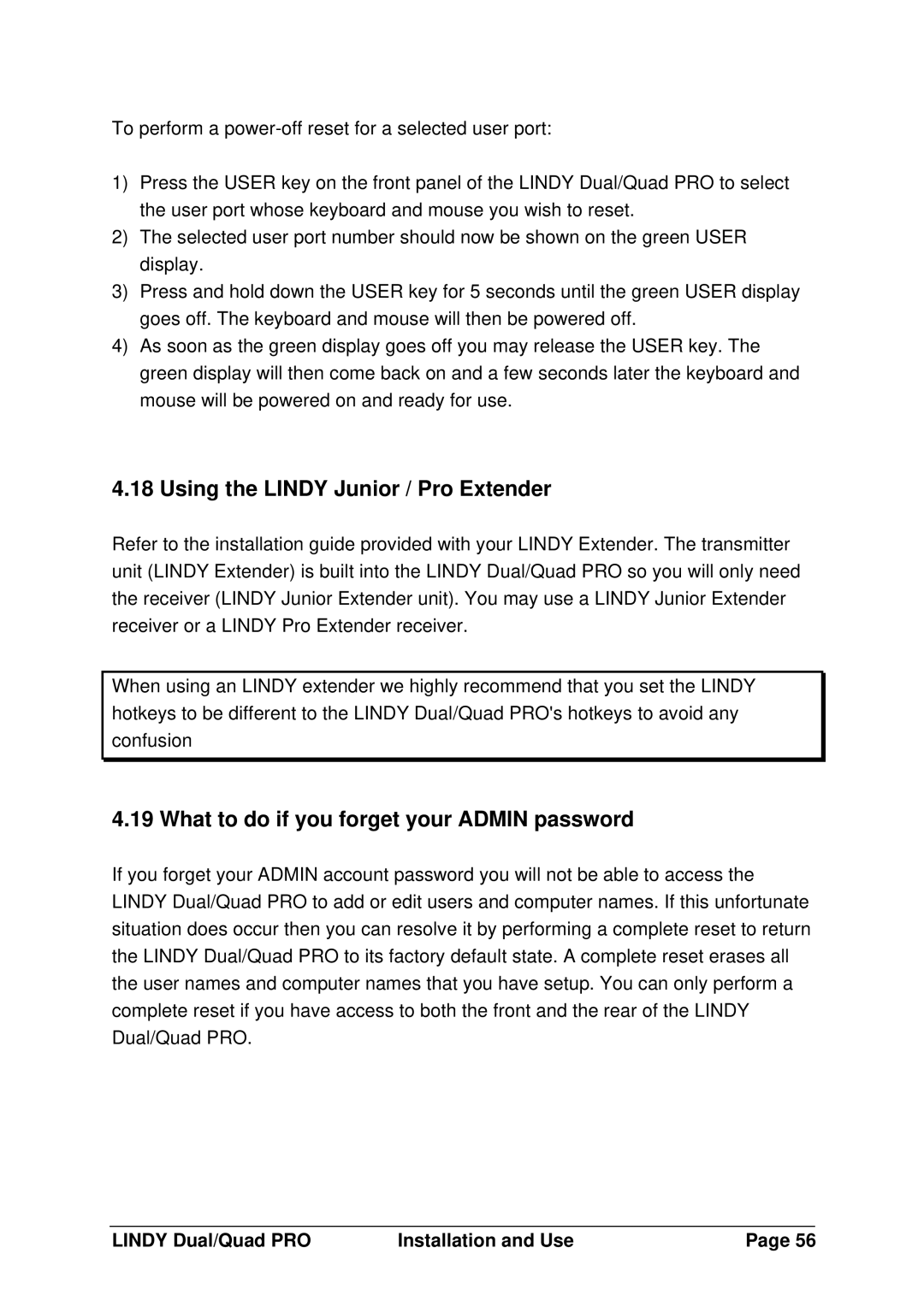 Lindy 32362, 32364, 32361 manual Using the Lindy Junior / Pro Extender, What to do if you forget your Admin password 