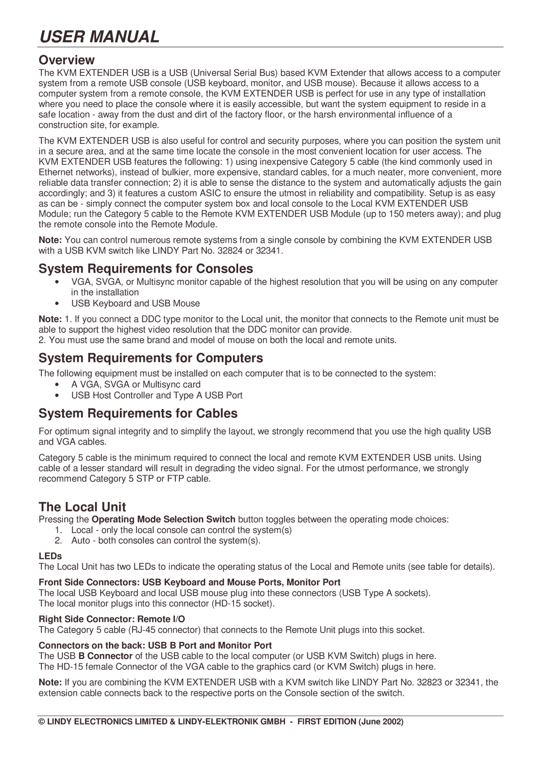 Lindy 32388 Overview, System Requirements for Consoles, System Requirements for Computers, System Requirements for Cables 