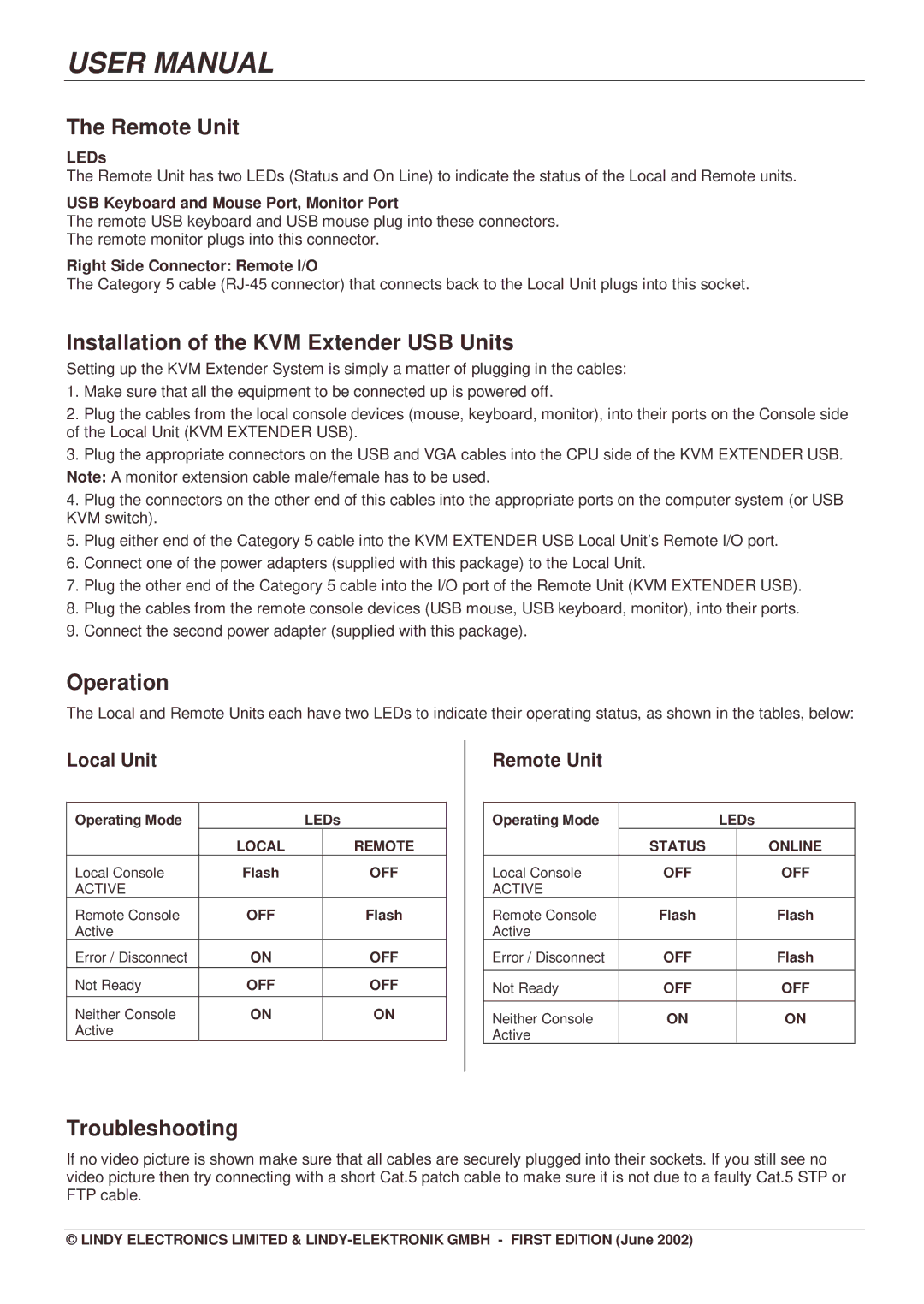 Lindy 32388 user manual Remote Unit, Installation of the KVM Extender USB Units, Operation, Troubleshooting 