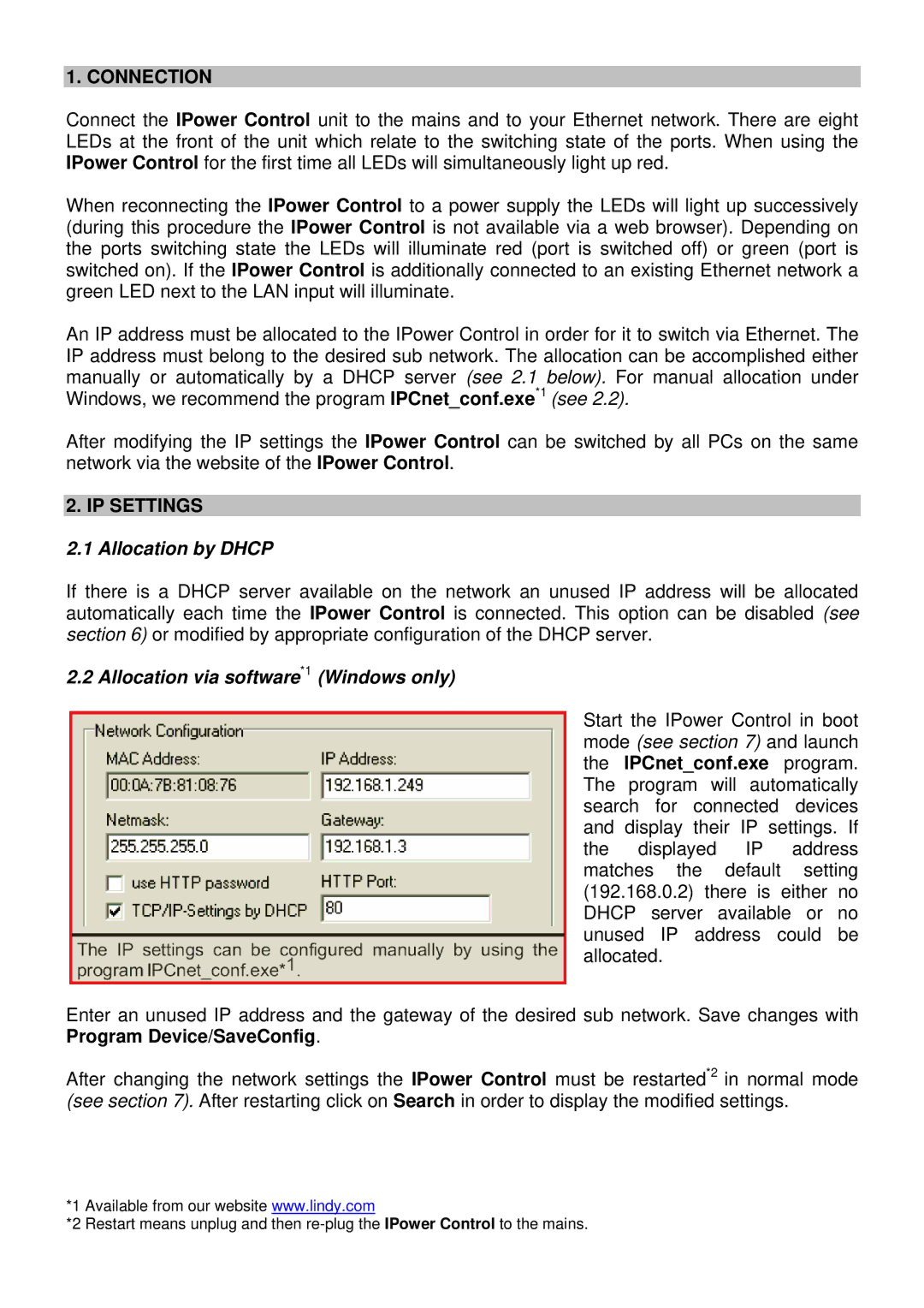 Lindy 32416 manual Connection, IP Settings, Allocation by Dhcp, Allocation via software*1 Windows only 