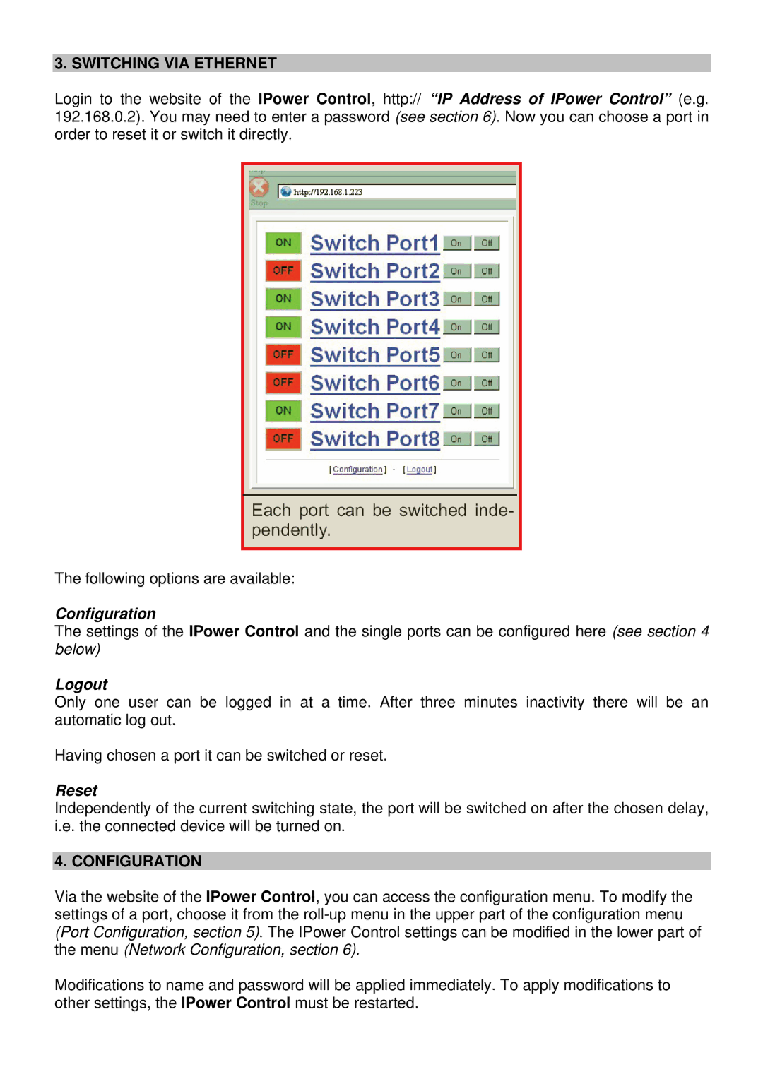 Lindy 32416 manual Switching VIA Ethernet, Configuration, Logout, Reset 