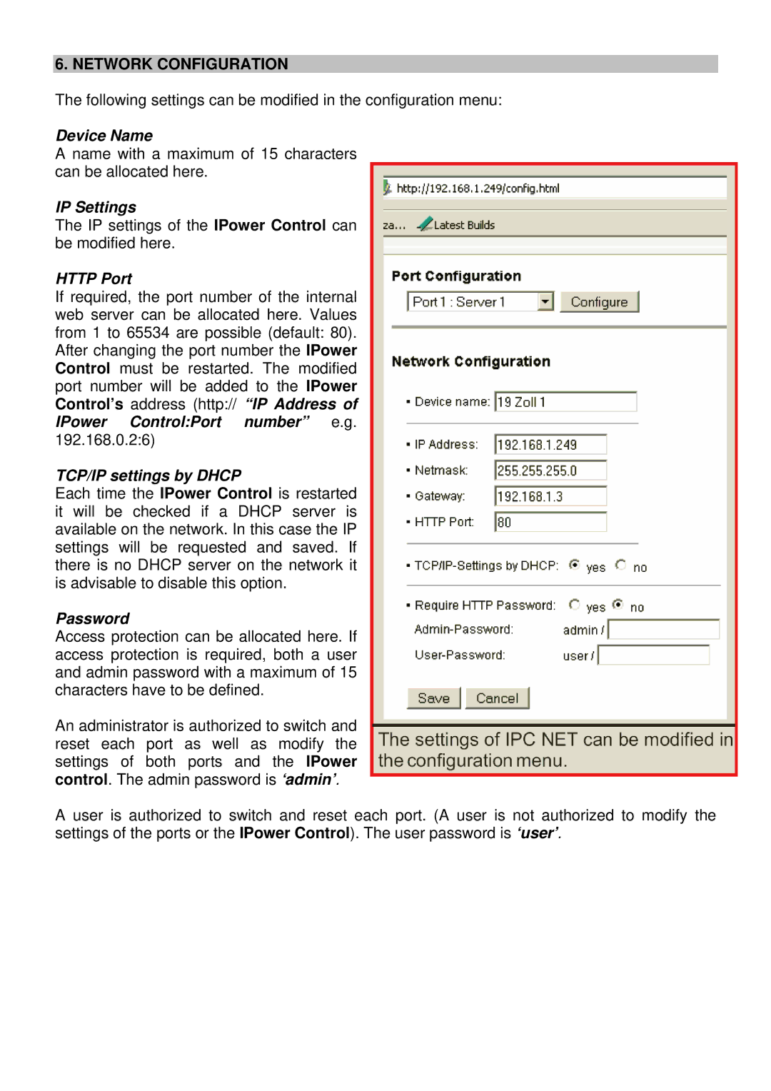 Lindy 32416 manual Device Name, IP Settings, Http Port, TCP/IP settings by Dhcp, Password 