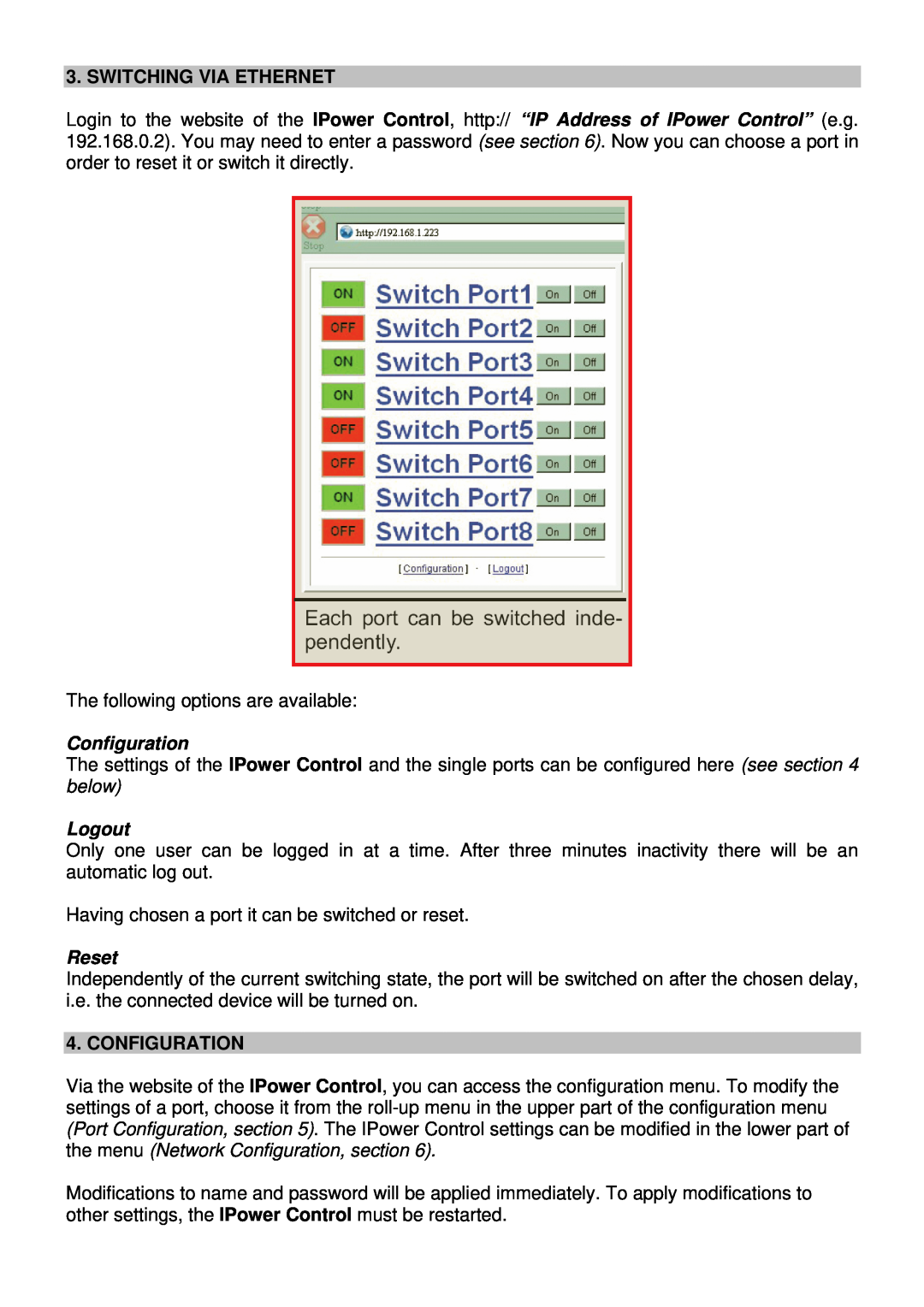 Lindy 32416 manual Switching Via Ethernet, Configuration, Logout, Reset 