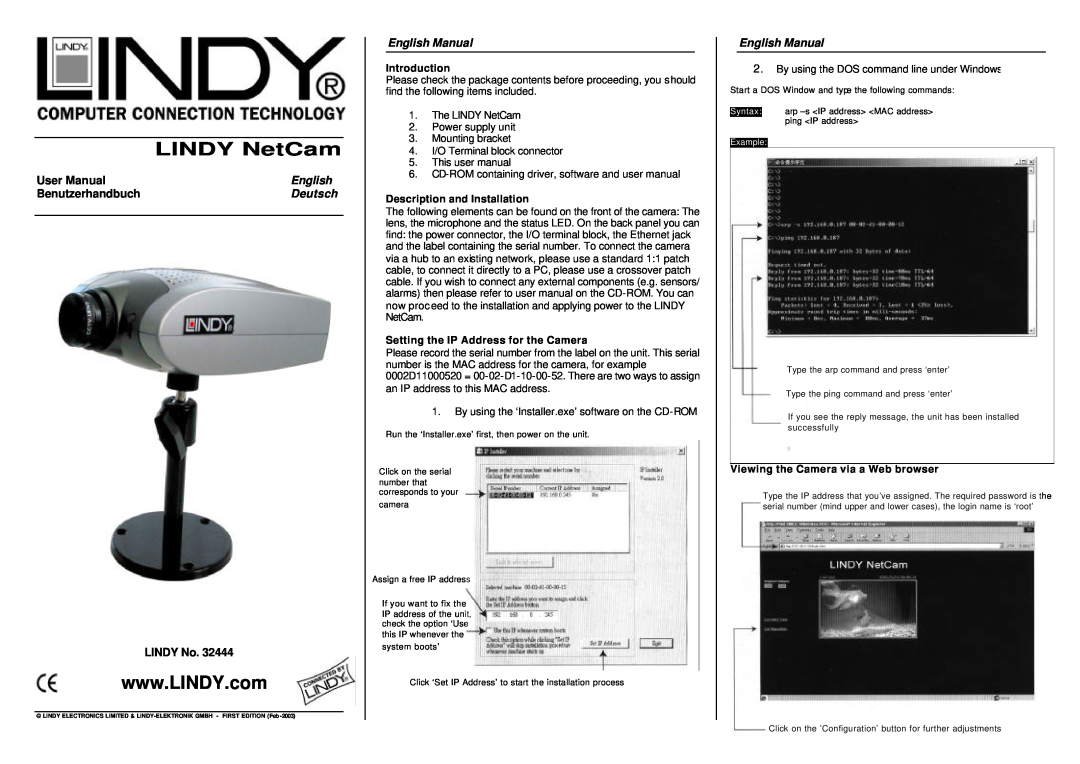 Lindy 32444 user manual Benutzerhandbuch, Deutsch, LINDY No, English Manual, Introduction, LINDY NetCam 