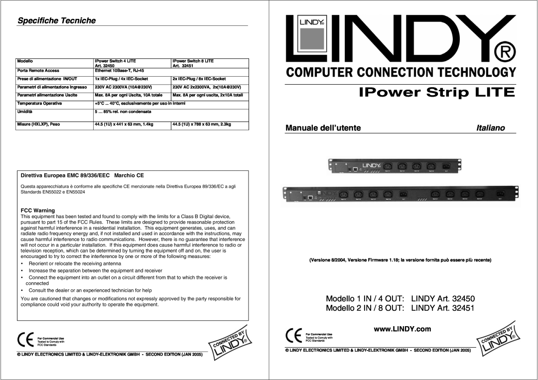 Lindy 32451, 32450 manual Specifiche Tecniche, Italiano, Direttiva Europea EMC 89/336/EEC Marchio CE, FCC Warning 