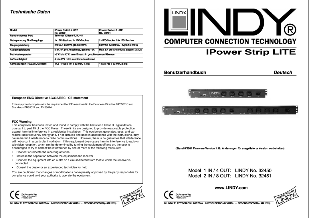 Lindy 32451, 32450 manual Technische Daten, European EMC Directive 89/336/EEC CE statement, FCC Warning, IPower Strip LITE 