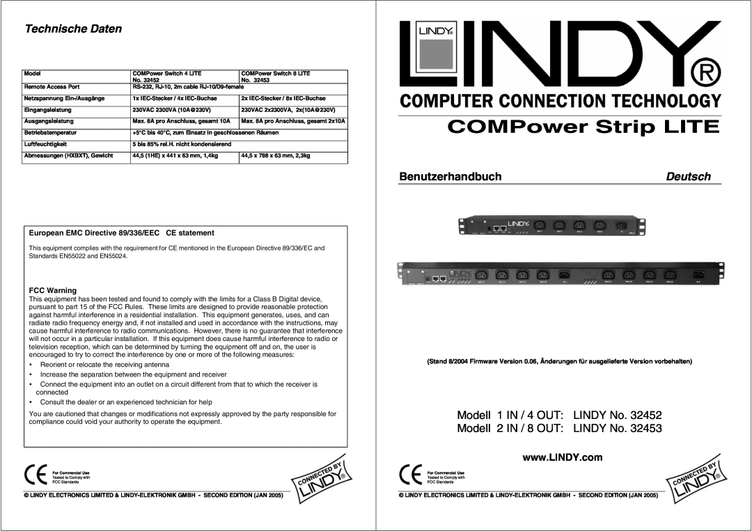 Lindy 32452 manual Technische Daten, European EMC Directive 89/336/EEC CE statement, FCC Warning, COMPower Strip LITE 