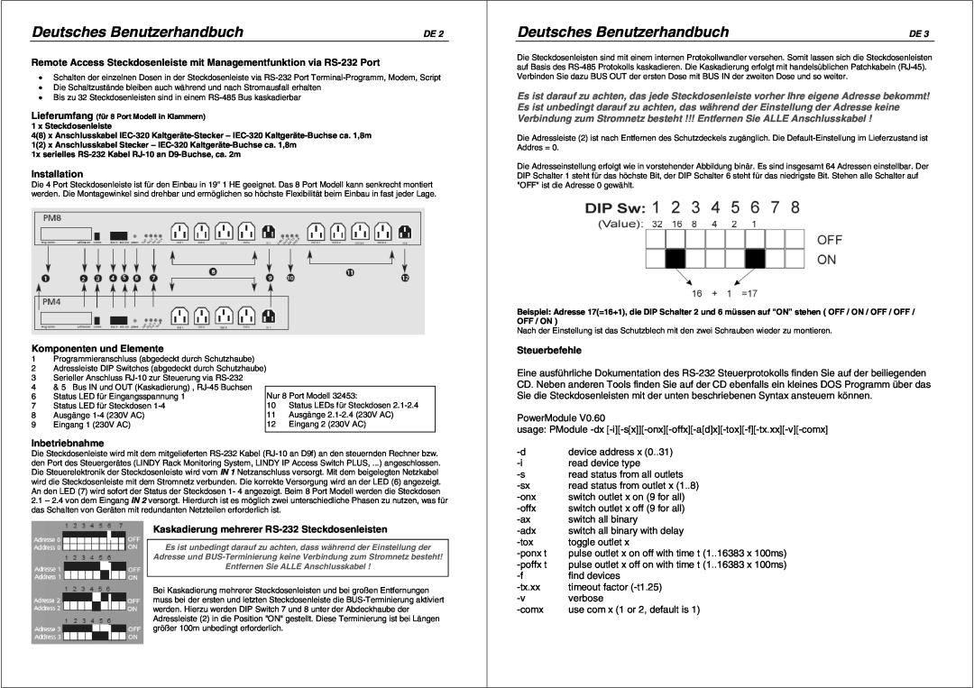 Lindy 32453, 32452 manual Deutsches Benutzerhandbuch, Remote Access Steckdosenleiste mit Managementfunktion via RS-232 Port 