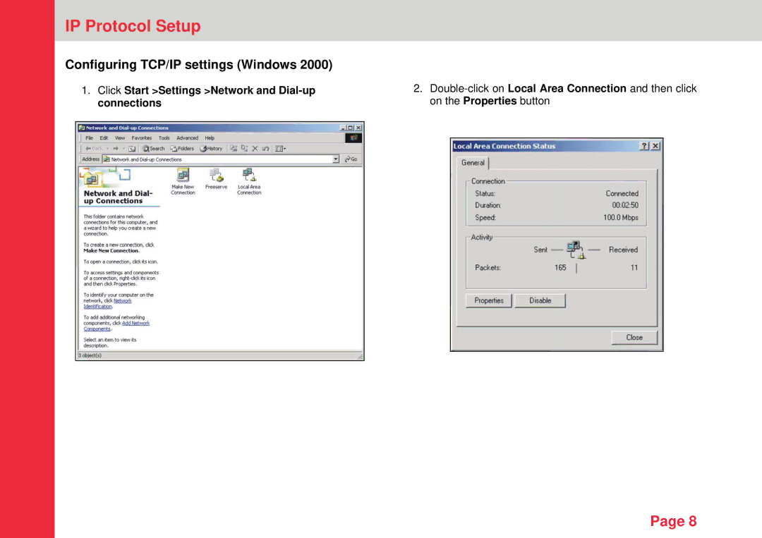 Lindy 32454 instruction manual Configuring TCP/IP settings Windows, Click Start Settings Network and Dial-up, Connections 