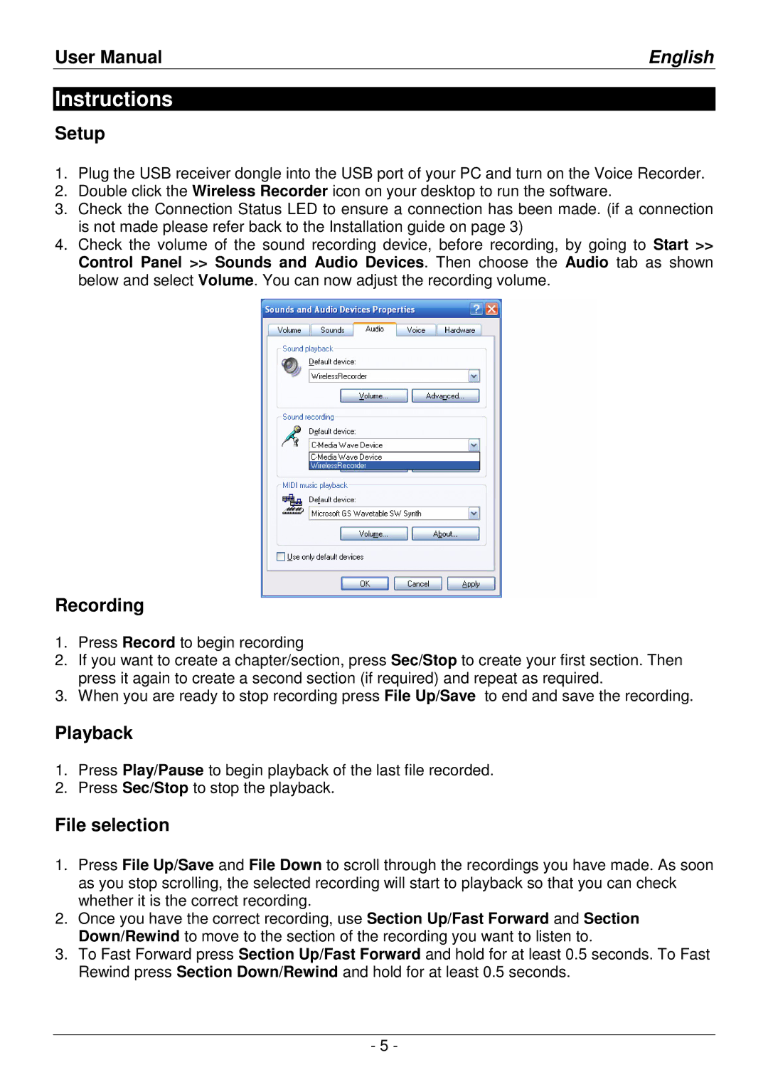 Lindy 32494 user manual Instructions, Setup, Recording, Playback, File selection 