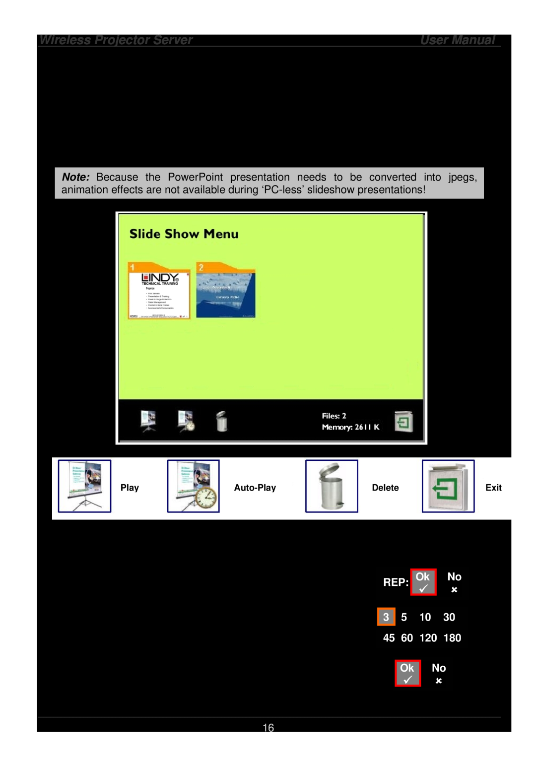 Lindy 32500 user manual The Slide Show Menu, Wireless Projector Server, User Manual 