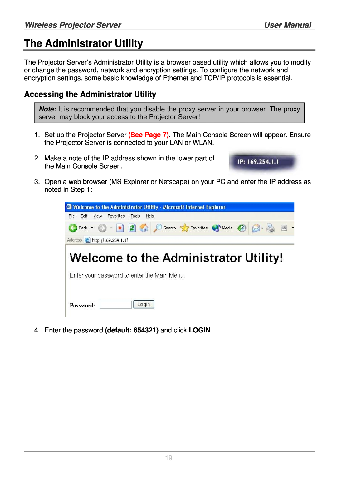 Lindy 32500 user manual The Administrator Utility, Accessing the Administrator Utility, Wireless Projector Server 