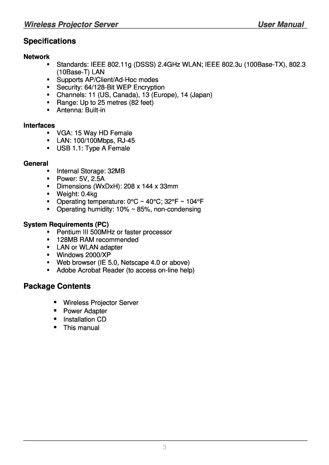 Lindy 32500 Specifications, Package Contents, Wireless Projector Server, User Manual, Network, Interfaces, General 