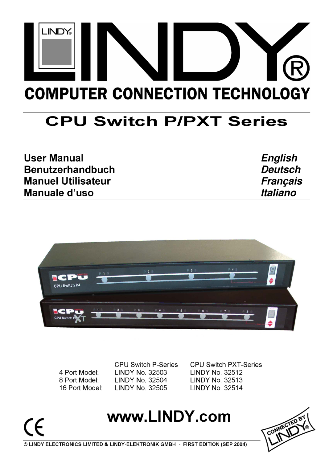 Lindy 32505, 32514, 32503, 32512, 32504, 32513 user manual CPU Switch P/PXT Series, English, Deutsch, Français, Italiano 