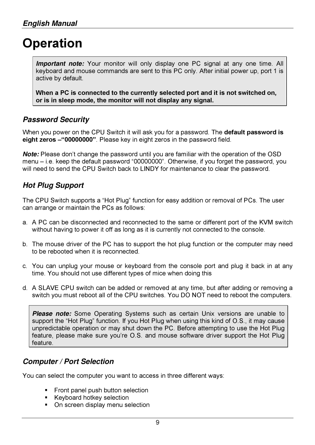 Lindy 32513, 32514, 32505, 32503, 32512, 32504 Operation, Password Security, Hot Plug Support, Computer / Port Selection 