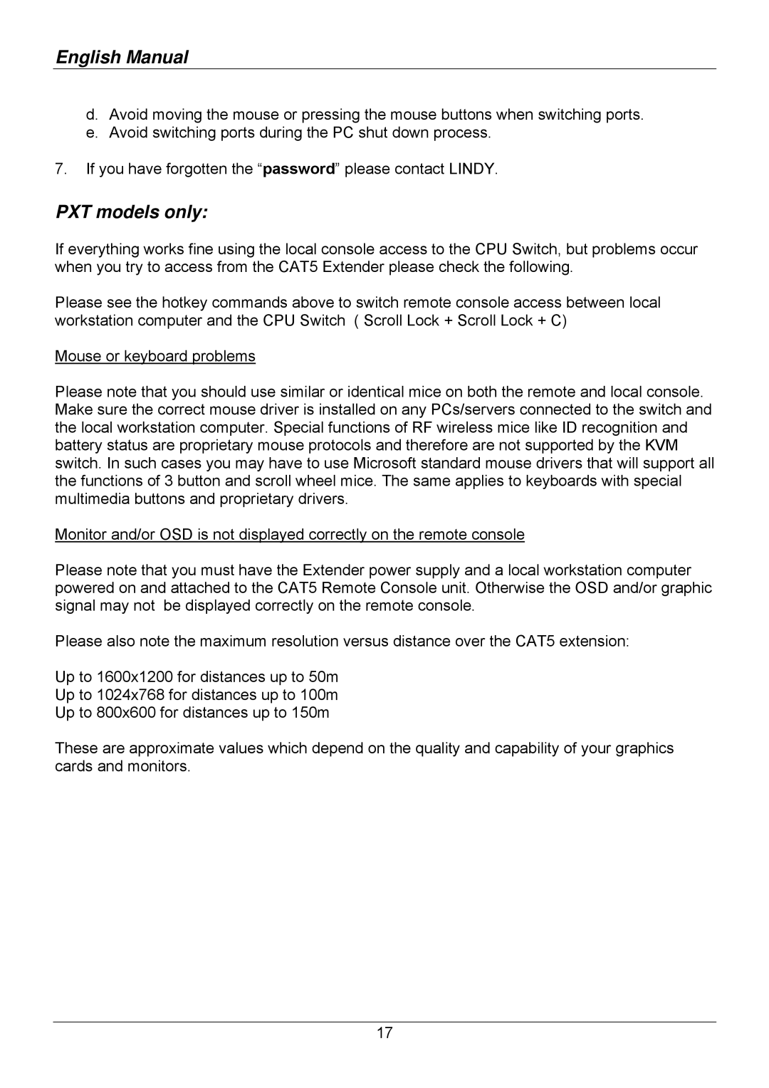 Lindy 32505, 32514, 32503, 32512, 32504, 32513 user manual PXT models only 