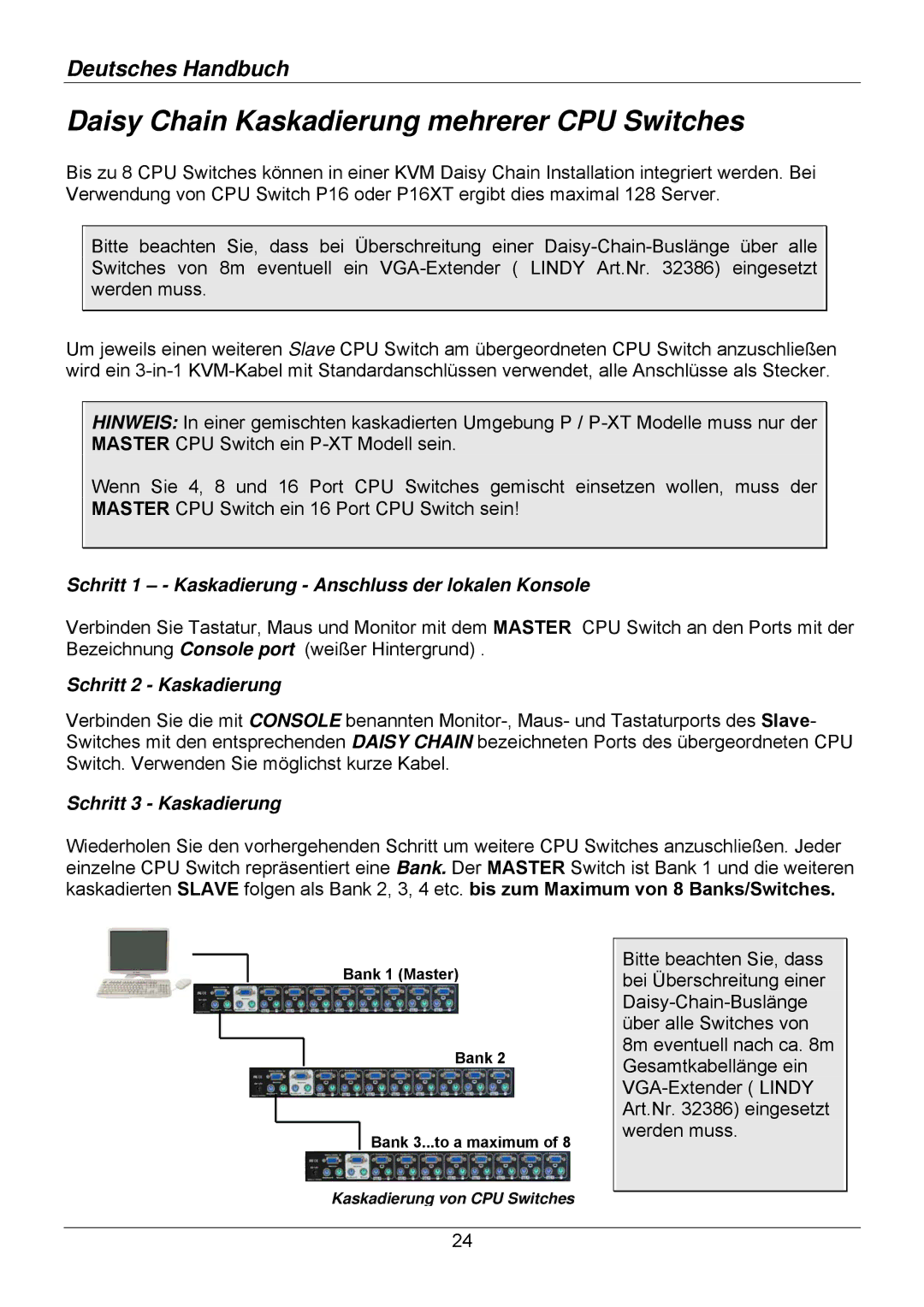 Lindy 32503, 32514 Daisy Chain Kaskadierung mehrerer CPU Switches, Schritt 1 - Kaskadierung Anschluss der lokalen Konsole 